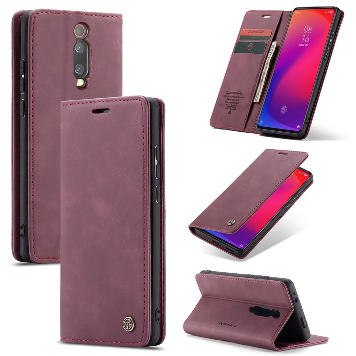 غطاء هاتف من الجلد الصناعي من UniqCase مزود بمحفظة وامتصاص تلقائي لهاتف Xiaomi Redmi K20 Pro/Redmi K20/Mi 9T/Mi 9T Pro - أحمر