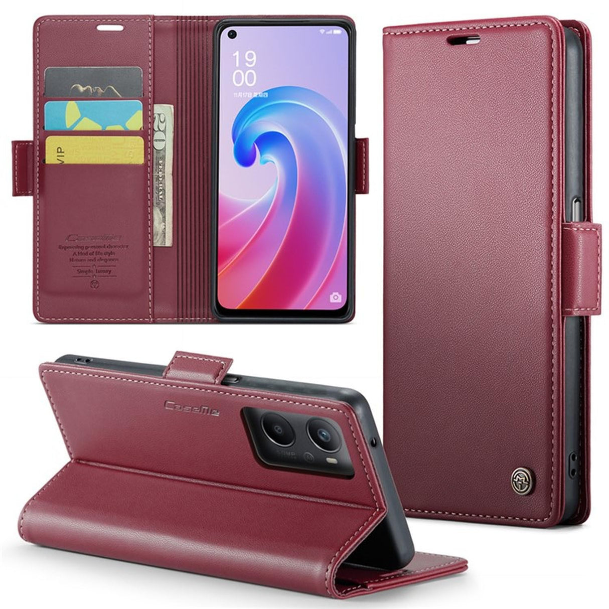 UniqCase لهاتف Oppo A96 4G / A36 / A76 / K10 4G / Realme 9i 4G جراب جلدي مزود بخاصية حجب RFID و3 فتحات للبطاقات - أحمر