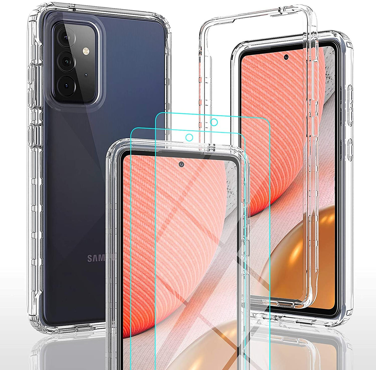 جراب هاتف AWH متوافق مع هاتف Platina Samsung Galaxy A72 5G مع زجاج مقسّى، شفاف، رفيع للغاية، خفيف الوزن، جراب سيليكون ناعم من مادة TPU، جراب واقٍ بالكامل، شفاف.