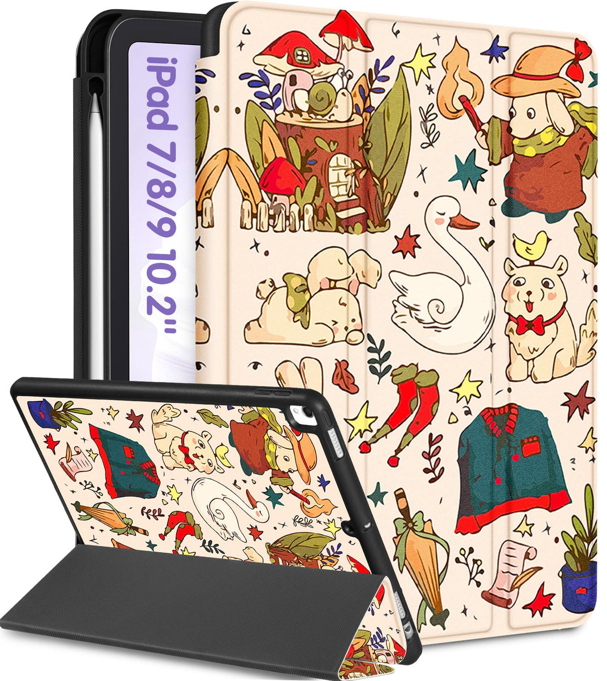 Uppuppy for iPad 9th/8th/7th Generation Case 10.2 Inch Girls Cute Kids Women Folio Smart Cover Pencil Holder Cartoon Aesthetic Design Girly Kawaii Teens Cases for iPad 7/8/9 Gen A2602 A2270 A2197
