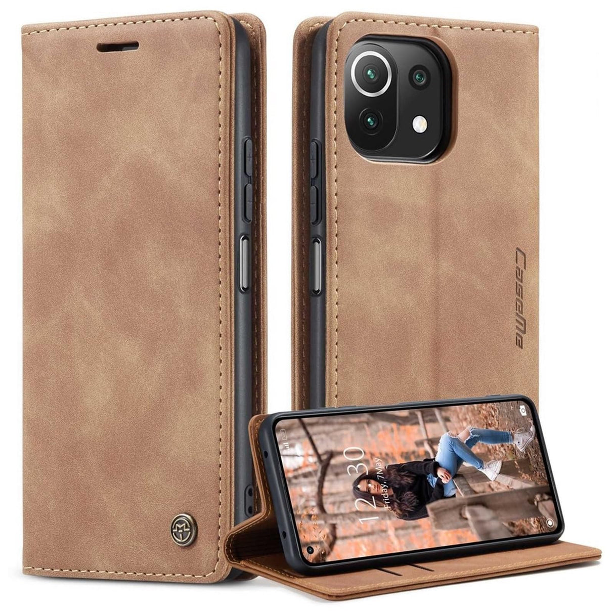 جراب محفظة جلدي بتصميم بسيط وشفط تلقائي من UniqCase لهاتف Xiaomi Mi 11 Lite 4G / 5G / 11 Lite 5G NE - بني