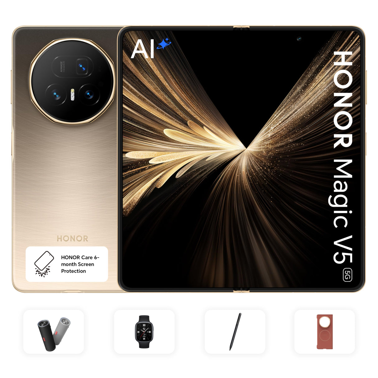 هاتف HONOR Magic V5 بذاكرة وصول عشوائي (RAM) سعة 16 جيجابايت وذاكرة تخزين سعة 512 جيجابايت، لون Dawn Gold مع هدايا مجانية وتأمين على الشاشة لمدة 6 أشهر - إصدار الشرق الأوسط