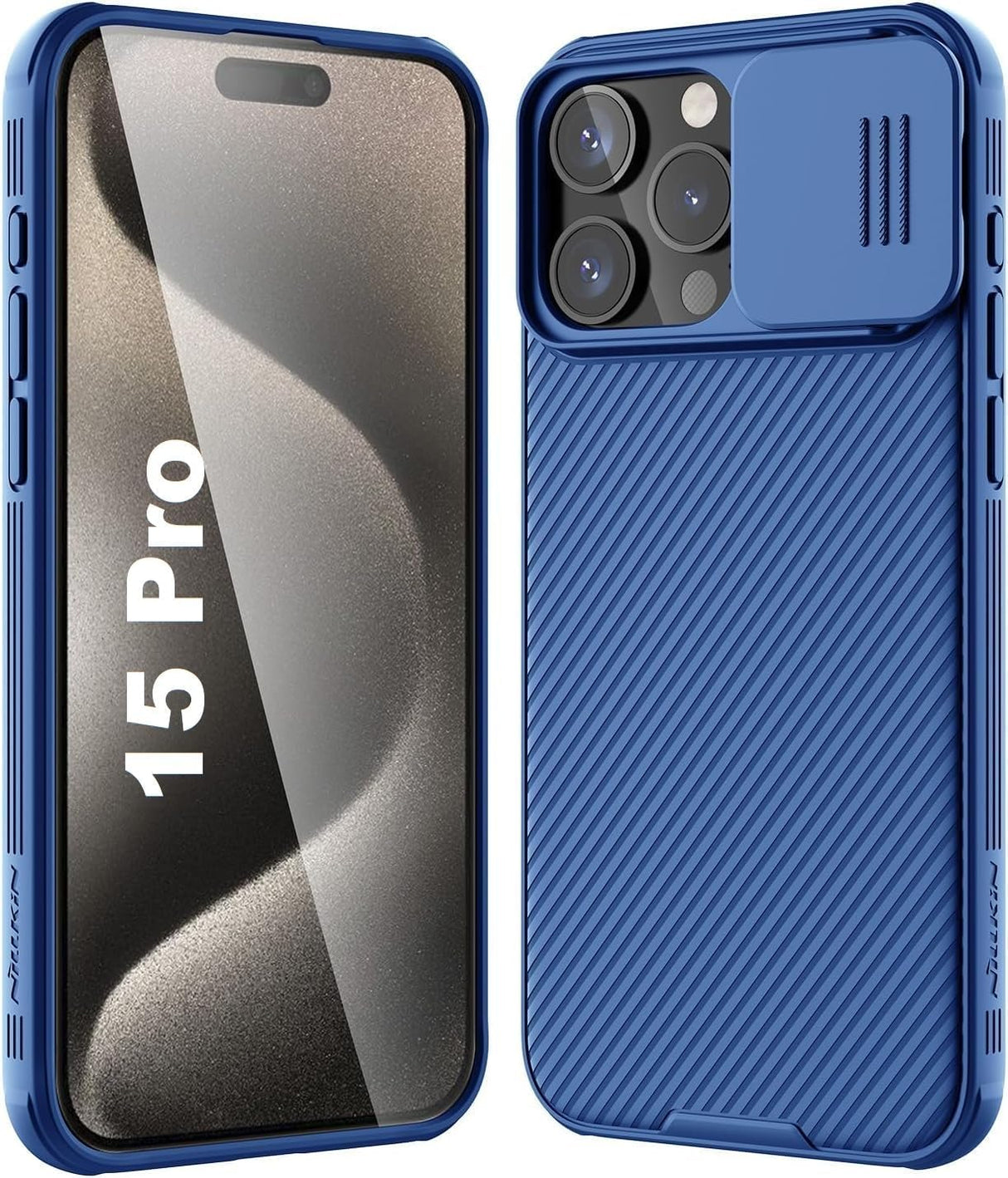 جراب AWH لهاتف iPhone 15 Pro Camshield مع حماية منزلق لعدسة الكاميرا - غطاء خلفي من البولي كربونات وإطار ممتص للصدمات من مادة TPU مضاد لبصمات الأصابع، جراب ناعم الملمس وحساس (أزرق)