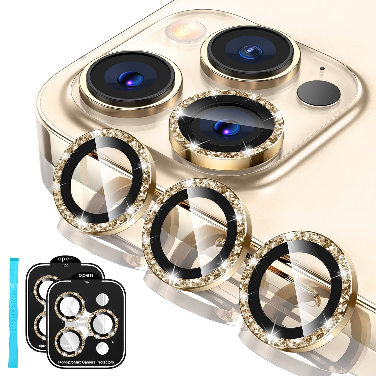 Tensea [3+3 قطع لهاتف iPhone 14 Pro - iPhone 14 Pro Max واقي عدسة الكاميرا، غطاء كاميرا من الزجاج المقوى 9H واقي شاشة حلقة معدنية فردية لهاتف iPhone 14 Pro 6.1 بوصة / 14 ProMax 6.7 بوصة 2022