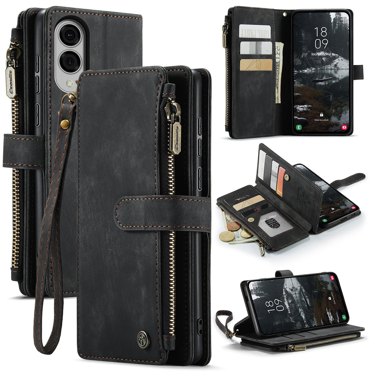 UniqCase For Samsung Galaxy S25 Edge Phone Cases with Strap Zipper Multiple Card Holder PU Leather Cover - Black