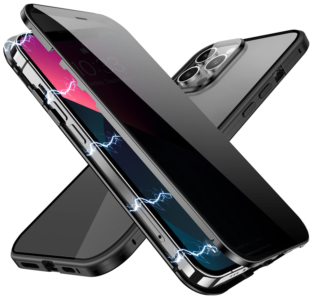 جراب YUNQE المغناطيسي للخصوصية لجهاز iPhone 13 Pro Max، غطاء امتصاص مغناطيسي مزدوج الجوانب مع واقي شاشة مضاد للاختراق وعدسة كاميرا واقٍ كامل الجسم لجهاز iPhone 13 Pro Max، أسود