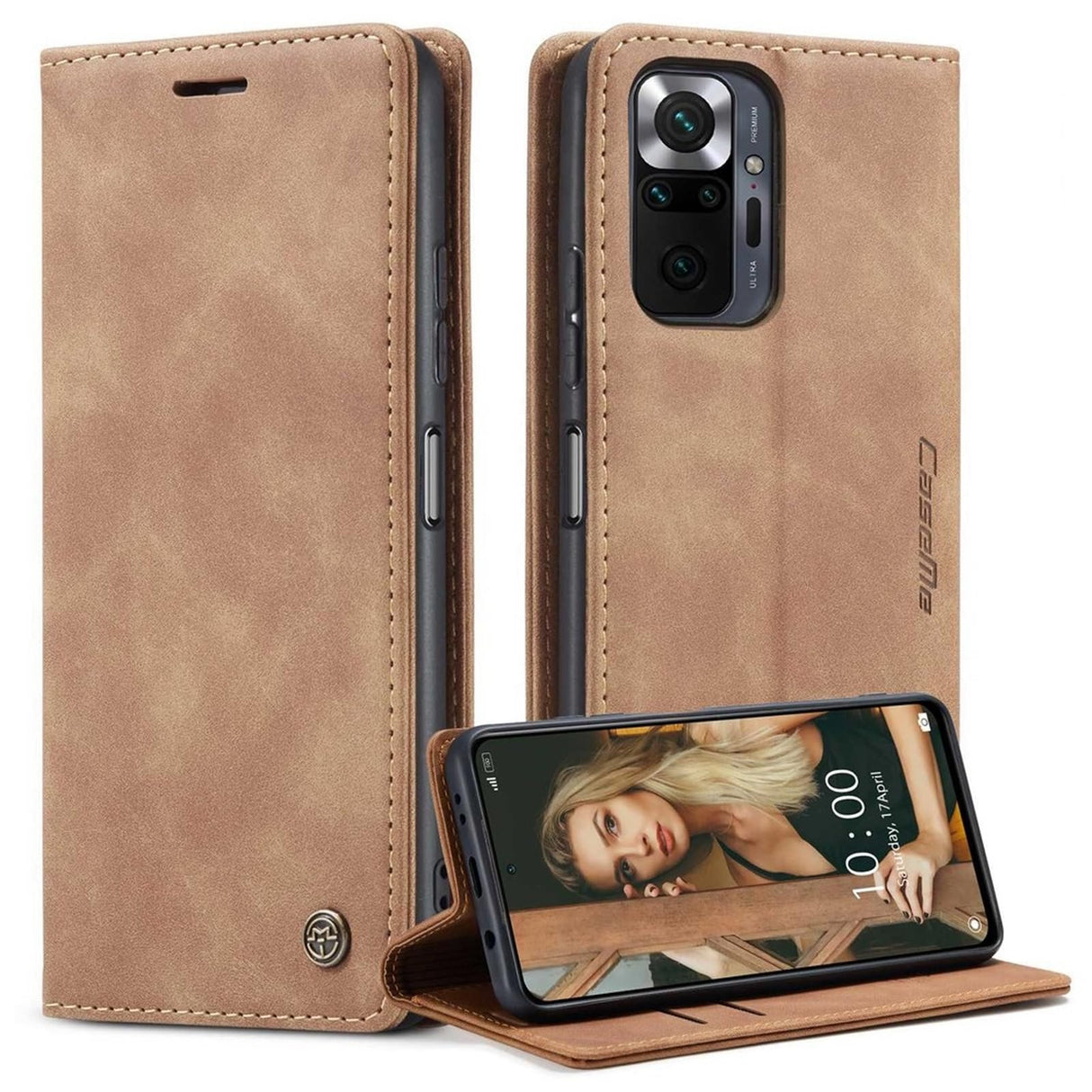 جراب محفظة جلدي بتصميم موجز مع خاصية الشفط التلقائي لهاتف شاومي ريدمي نوت 10 برو 4G (الهند)/(العالم)/نوت 10 برو ماكس - بني