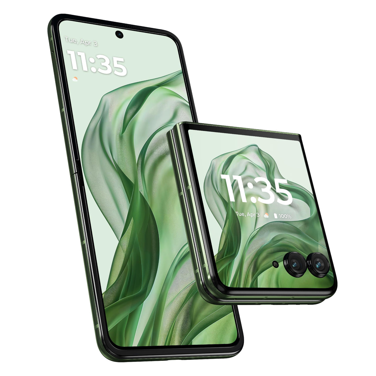 موتورولا رازر 50 ألترا 5G، 12 جيجابايت + 12 جيجابايت رام، 512 جيجابايت روم، سنابدراجون 8s الجيل الثالث، شاشة pOLED مقاس 6.9 بوصة + 4.0 بوصة، توربو باور 45 واط، أندرويد 14، أخضر ربيعي