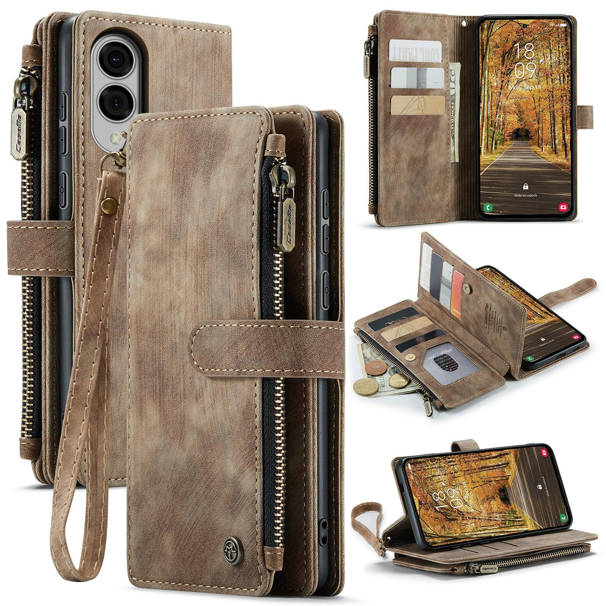 UniqCase For Samsung Galaxy S25 Edge Phone Cases with Strap Zipper Multiple Card Holder PU Leather Cover - Brown