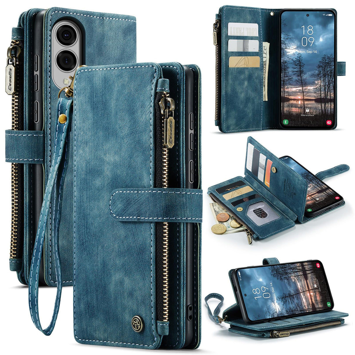 UniqCase For Samsung Galaxy S25 Edge Phone Cases with Strap Zipper Multiple Card Holder PU Leather Cover - Blue Green