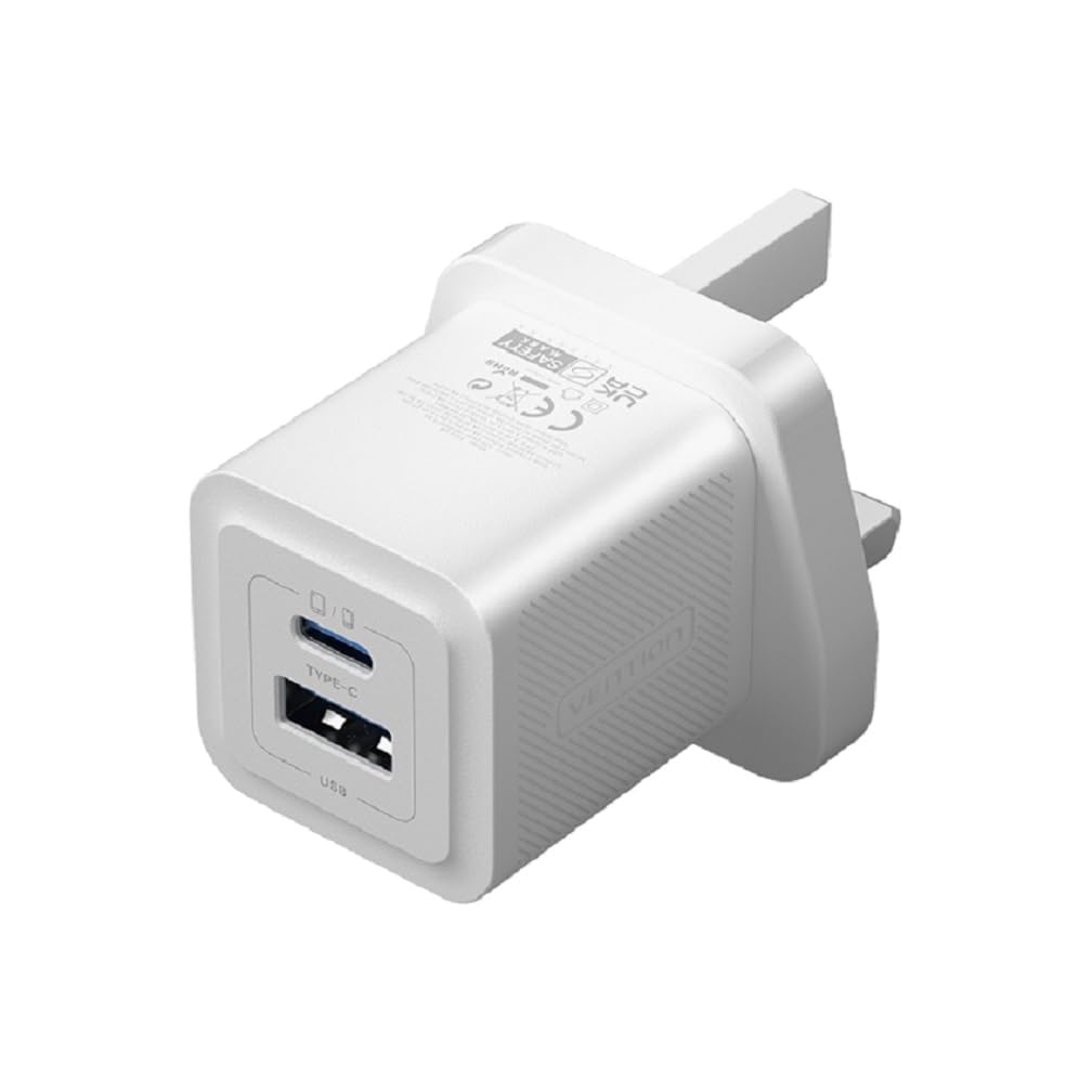 شاحن حائط سريع VENTION GaN III بمنفذين USB (C + A) وشاحن مضغوط (30 واط/30 واط) قابس طاقة بريطاني شحن آمن مع 6 حماية، أبيض