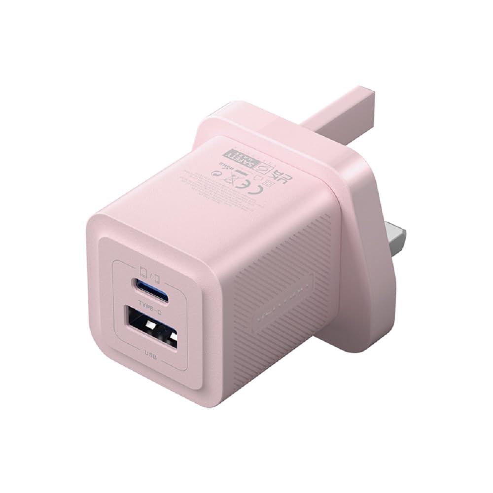 شاحن حائط سريع VENTION GaN III بمنفذين USB (C + A) وشاحن مضغوط (30 واط/30 واط) قابس طاقة بريطاني شحن آمن مع 6 حماية، لون وردي