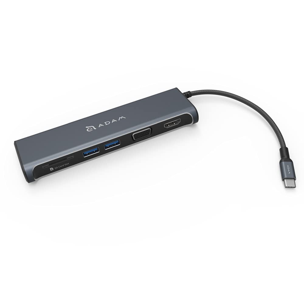 Adam Elements CASA A03 موزع USB-C بخمسة منافذ مع VGA وHDMI - رمادي