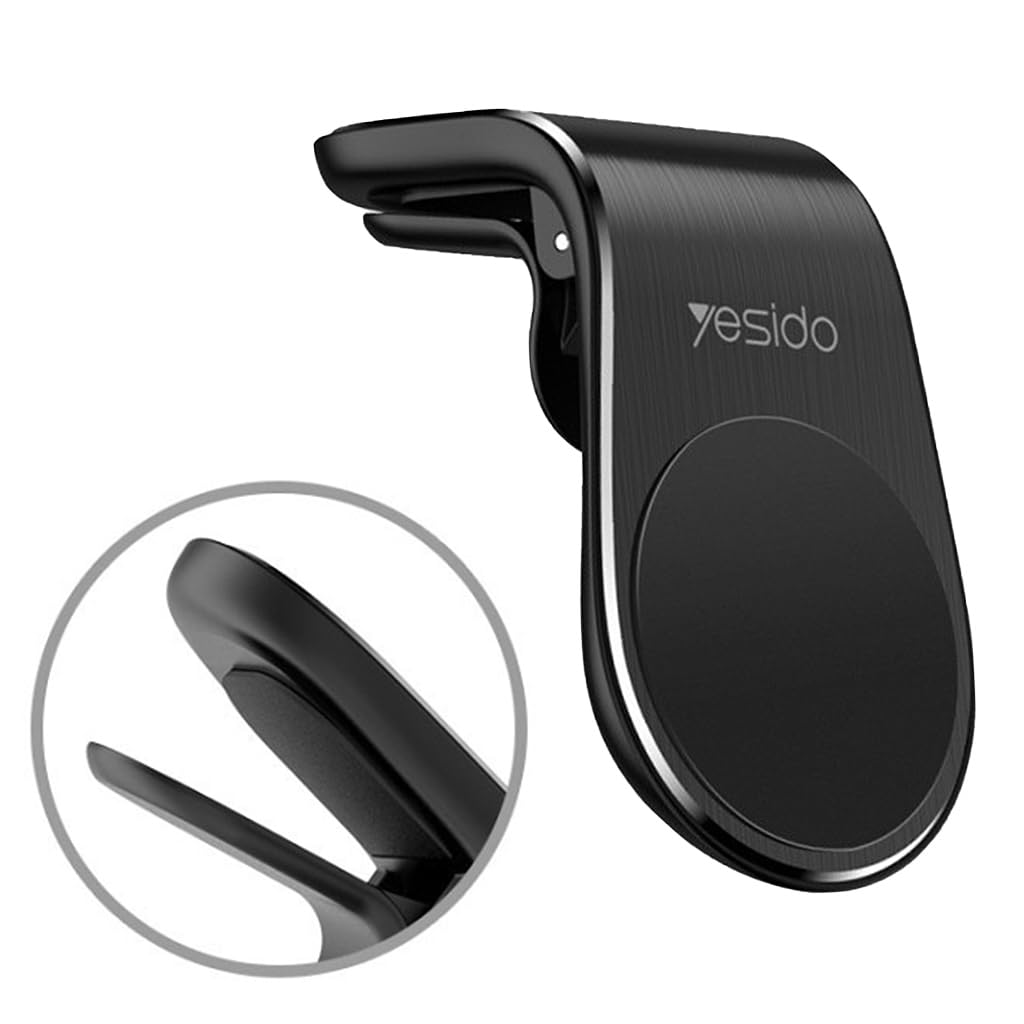 حامل سيارة مغناطيسي من Yesido C64، مشبك فتحة تهوية على شكل حرف L، مصنوع من سبائك الألومنيوم، يدور 360 درجة، مقبض من السيليكون، مغناطيس N50، أسود