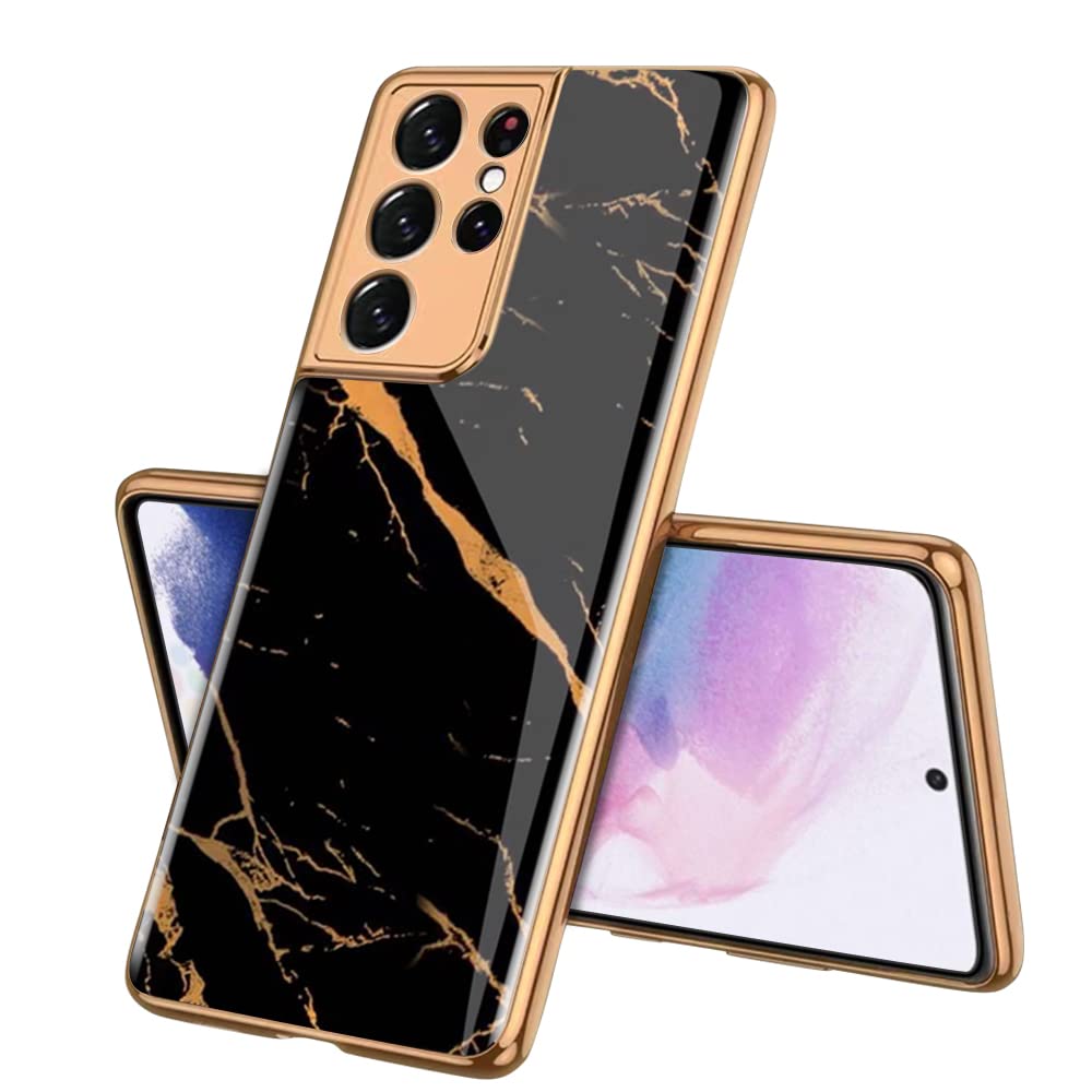 جراب XLHLKP لهاتف Samsung Galaxy S21 Ultra، جراب Samsung S21 Ultra 5G، جودة الزجاج المقوى مع عدسة معدنية كاملة، جراب نحيف لهاتف Samsung S21 Ultra مقاس 6.8 بوصة (أسود رخامي/ذهبي)