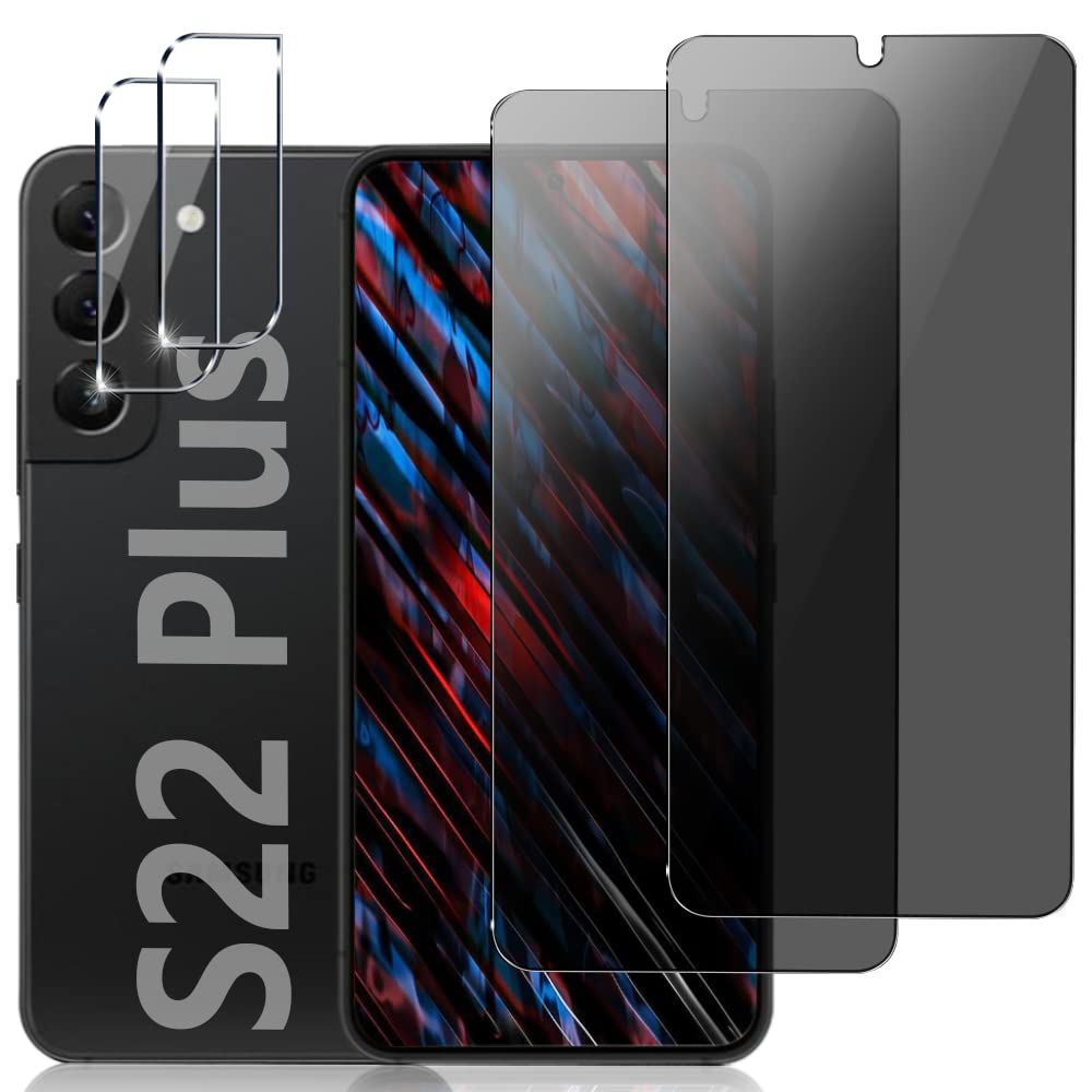 [عبوة من قطعتين] واقي شاشة الخصوصية وواقي عدسة الكاميرا لهاتف Samsung Galaxy S22 Plus مقاس 6.6 بوصة، واقي زجاجي مقوى، تغطية كاملة، صلابة 9H عالية الدقة مضادة للتجسس، واقي شاشة الخصوصية لهاتف S22 Plus