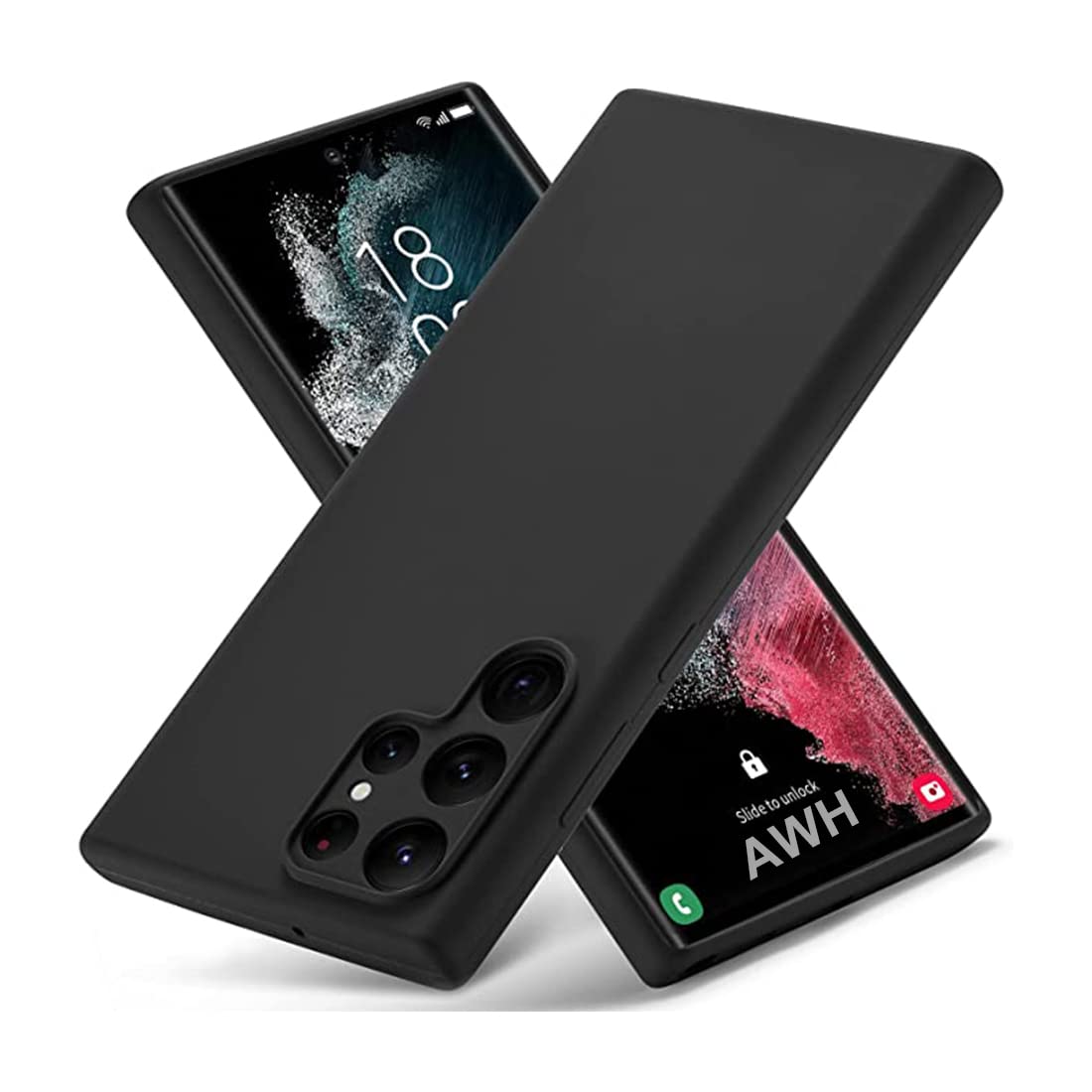 جراب AWH لهاتف Galaxy S22 Ultra مصنوع من السيليكون السائل، جراب S22 Ultra الملمس السميك من مطاط السيليكون مع بطانة ناعمة من الألياف الدقيقة، جراب هاتف رفيع لحماية كاملة للكاميرا لهاتف Samsung S22 Ultra (أسود)