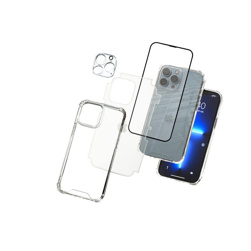 [4 في 1] جراب iPhone 13 Pro Max TPU الواقي مع مصدات من 4 زوايا، مع واقي شاشة من الزجاج المقوى 9H، واقي عدسة الكاميرا من الزجاج المقوى 9H، غشاء خلفي من مادة TPU رقيق ومرن