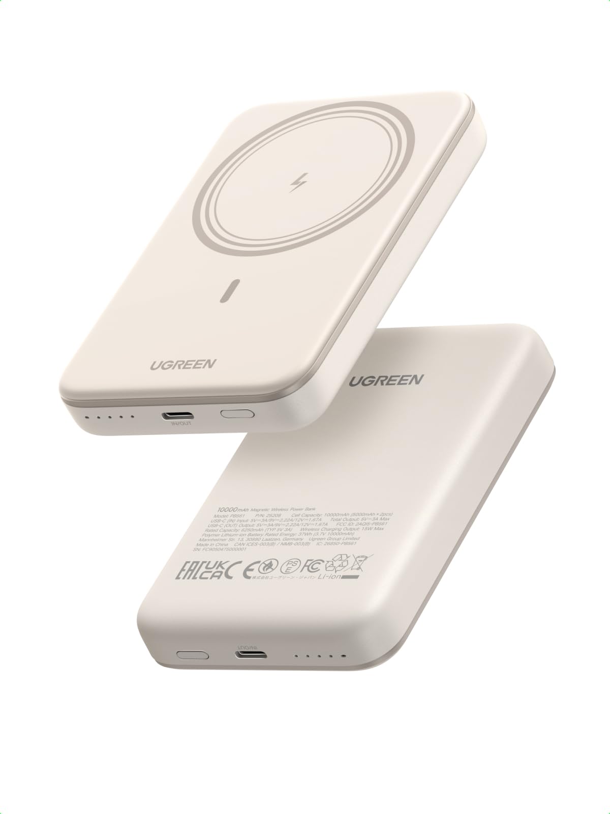 UGREEN Magsafe Power Bank 10000mAh, Wireless Portable Charger Fast Charging, Mobile Phone PD 20W Wired Charging for Samsung S25U, iPhone Magsafe Charger Battery Pack 7.5W for iPhone 17/16,White