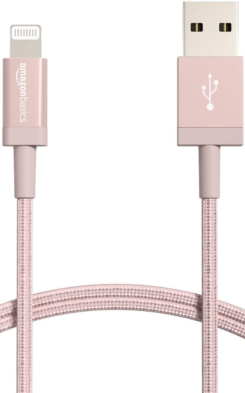 كابل شاحن USB-A إلى Lightning من Amazon Basics، سلك مضفر من النايلون، شاحن معتمد من MFi لأجهزة Apple iPhone 14 13 12 11 X Xs Pro وPro Max وPlus وiPad، بطول 3 أقدام (1 متر)، لون ذهبي وردي