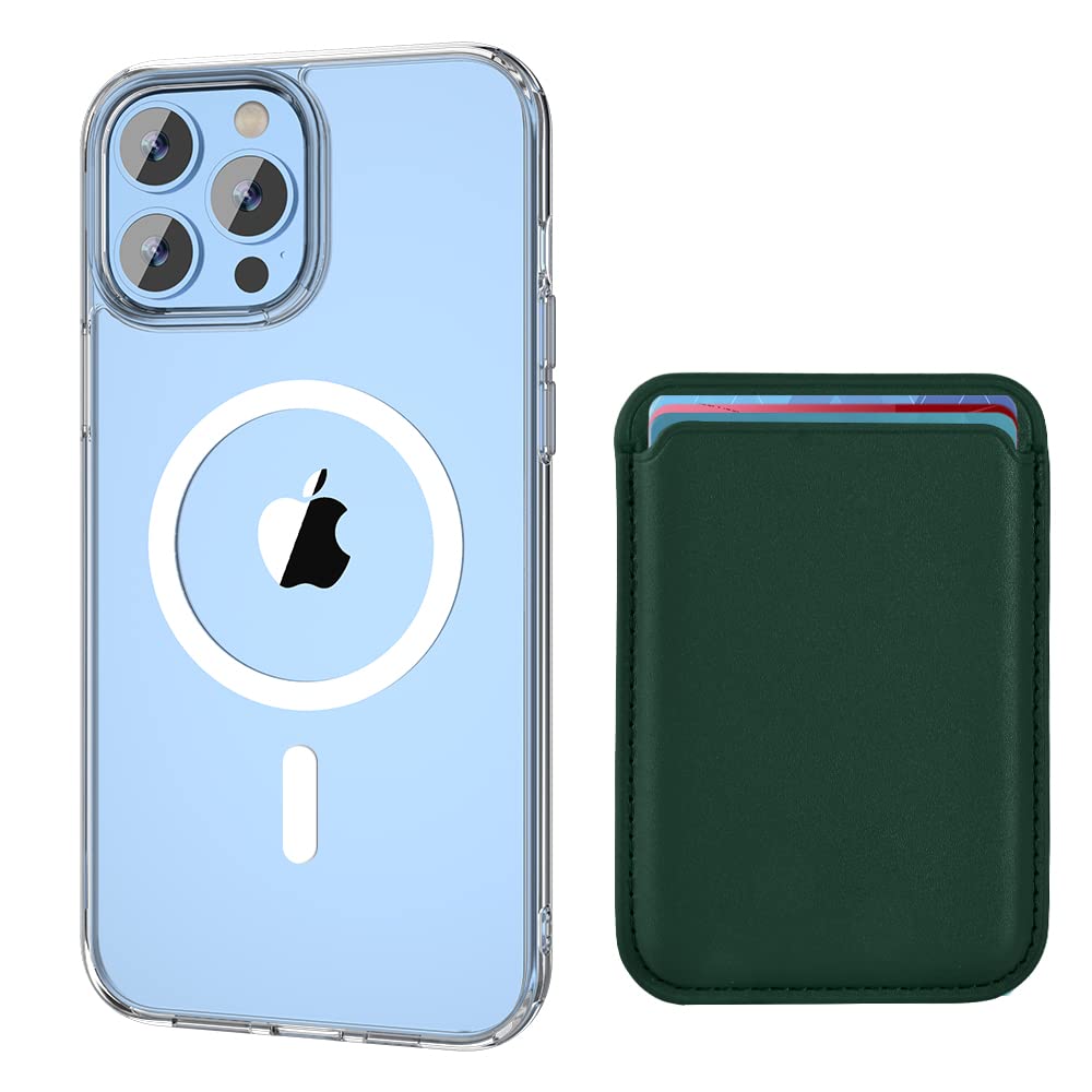[2 in 1] Magnetic Clear for iPhone 12 & iPhone 12 Pro Case [1x Magnetic Green Leather Wallet Card Holder] [Yellow Resistant & MIL-Grade Drop Tested] Compatible with MagSafe Slim Cover 6.1 Inch