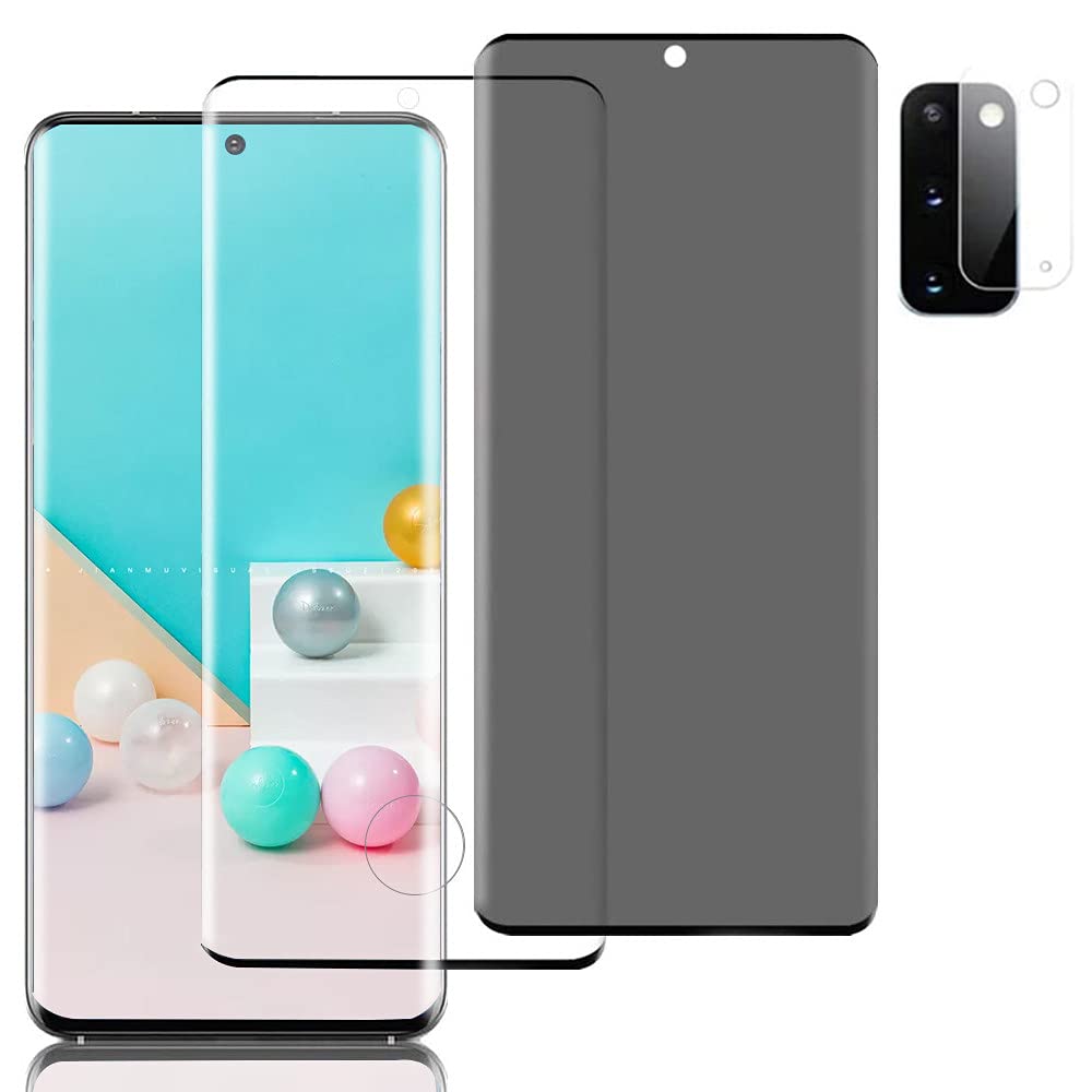 [عبوة من 2 + 1 غشاء عدسة] واقي شاشة الخصوصية لجهاز Galaxy S20 Plus HD +، متوافق مع بصمات الأصابع، واقي شاشة من الزجاج المقوى ثلاثي الأبعاد بتغطية كاملة 9H متوافق مع Samsung Galaxy S20 Plus / S20+ 5G (6.7 بوصة)