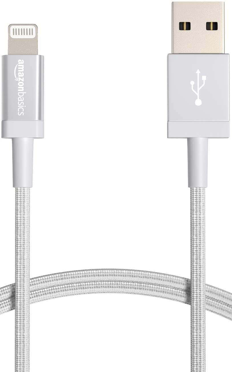 كابل شاحن USB-A إلى Lightning من Amazon Basics، سلك مضفر من النايلون، شاحن معتمد من MFi لأجهزة Apple iPhone 14 13 12 11 X Xs Pro وPro Max وPlus وiPad، بطول 6 أقدام (2 متر)، فضي