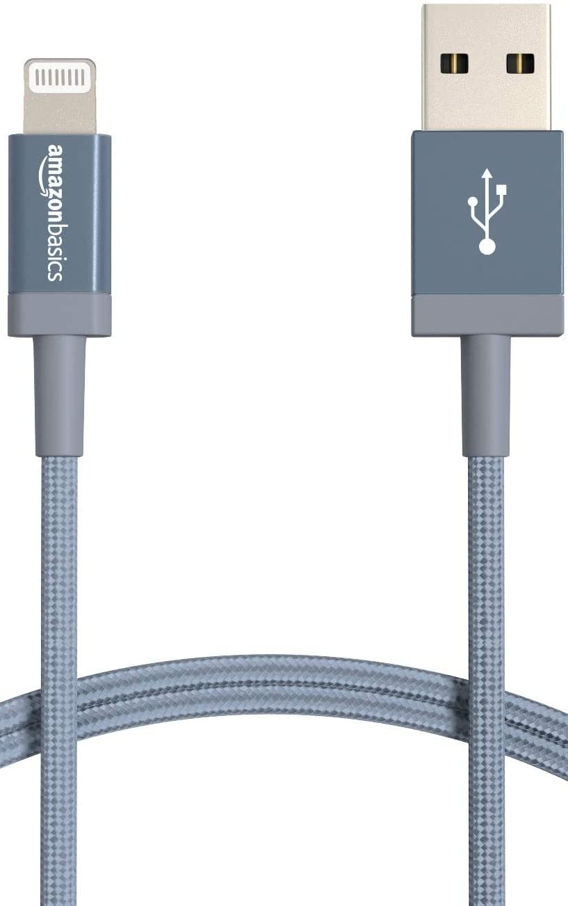 كابل شاحن أمازون بيسكس USB-A إلى Lightning، سلك مضفر من النايلون، شاحن معتمد من MFi لأجهزة Apple iPhone 14 13 12 11 X Xs Pro وPro Max وPlus وiPad، بطول 6 أقدام (2 متر)، رمادي غامق