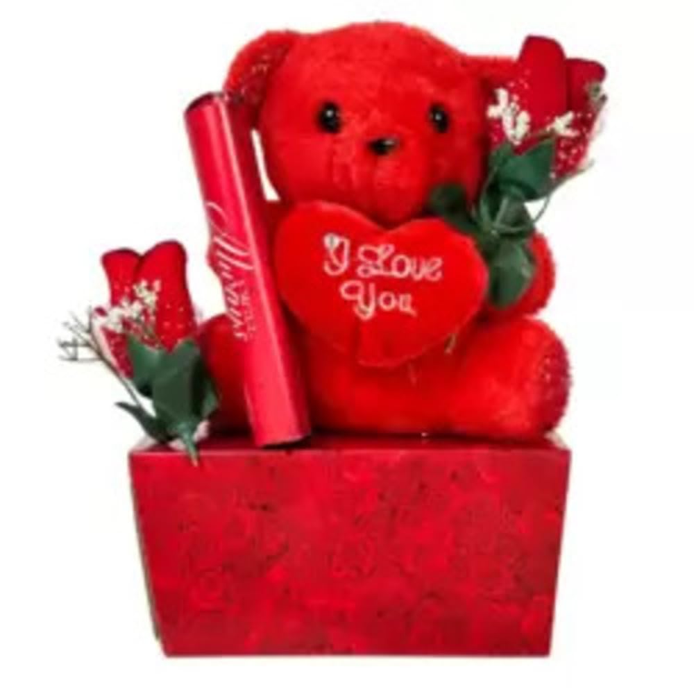 هدية دب عيد الحب ووردة باللون الأحمر الجميل لها، هدايا اقتراح عيد الحب الوردي