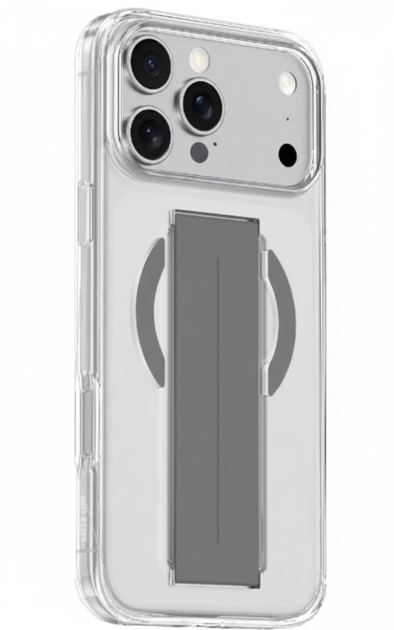 جراب Teklito متوافق مع iPhone 17 Pro Max مع مسند، غطاء واقٍ شفاف مقاوم للصدمات رفيع مع مقبض دوار مغناطيسي، مصد TPU مضاد للاصفرار 6.9 بوصة (رمادي)
