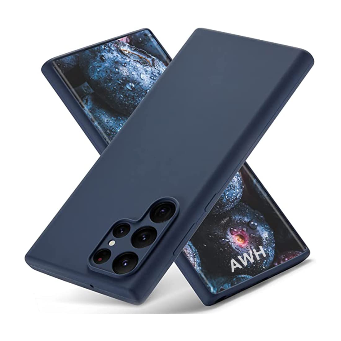 جراب AWH لهاتف Galaxy S22 Ultra من السيليكون السائل، جراب Skin Touch S22 Ultra سميك من مطاط السيليكون مع بطانة ناعمة من الألياف الدقيقة، جراب هاتف رفيع لحماية كاملة للكاميرا لهاتف Samsung S22 Ultra (أزرق غامق)