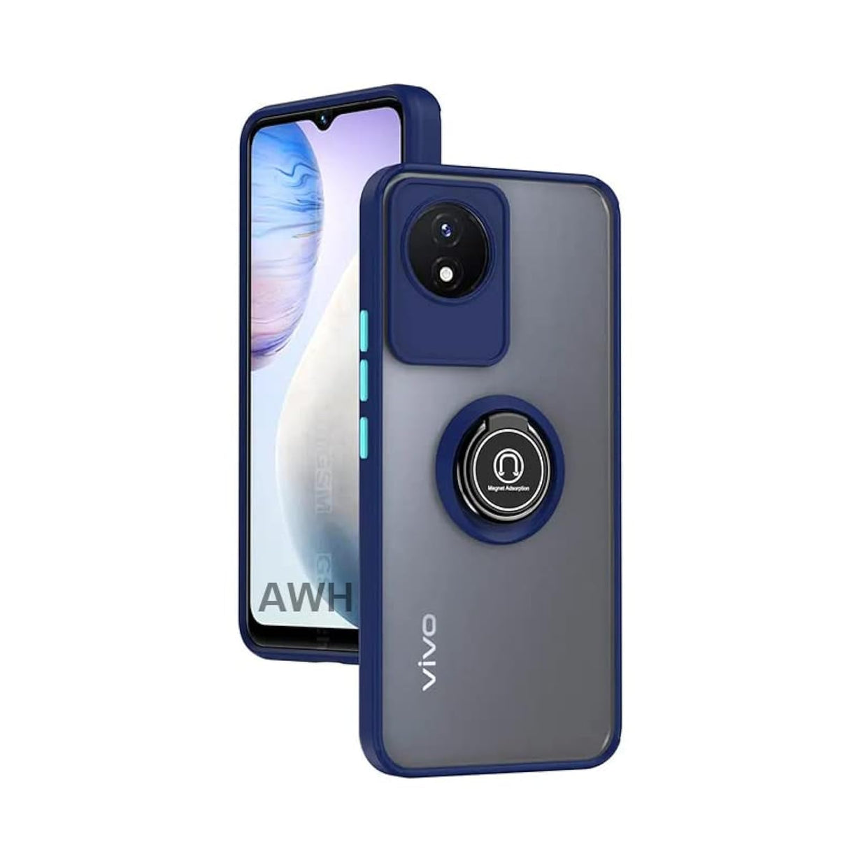 جراب AWH شديد التحمل لهاتف Vivo Y02، جراب مقاوم للصدمات بظهر غير لامع، غطاء سيليكون مرن، غطاء رقيق لحماية الكاميرا مع حامل حلقي مغناطيسي للسيارة يدور 360 درجة لهاتف Vivo Y02 (أزرق)
