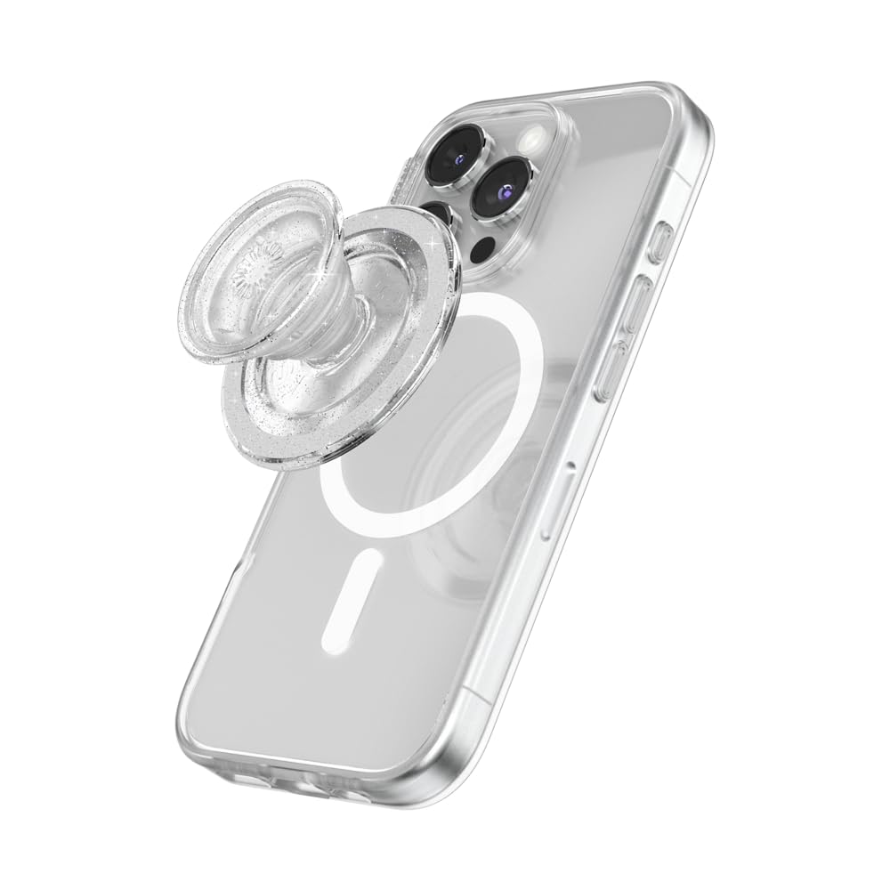 مقبض هاتف دائري من PopSockets متوافق مع MagSafe، حلقة محول متضمنة، حامل هاتف، متوافق مع الشحن اللاسلكي - شفاف لامع