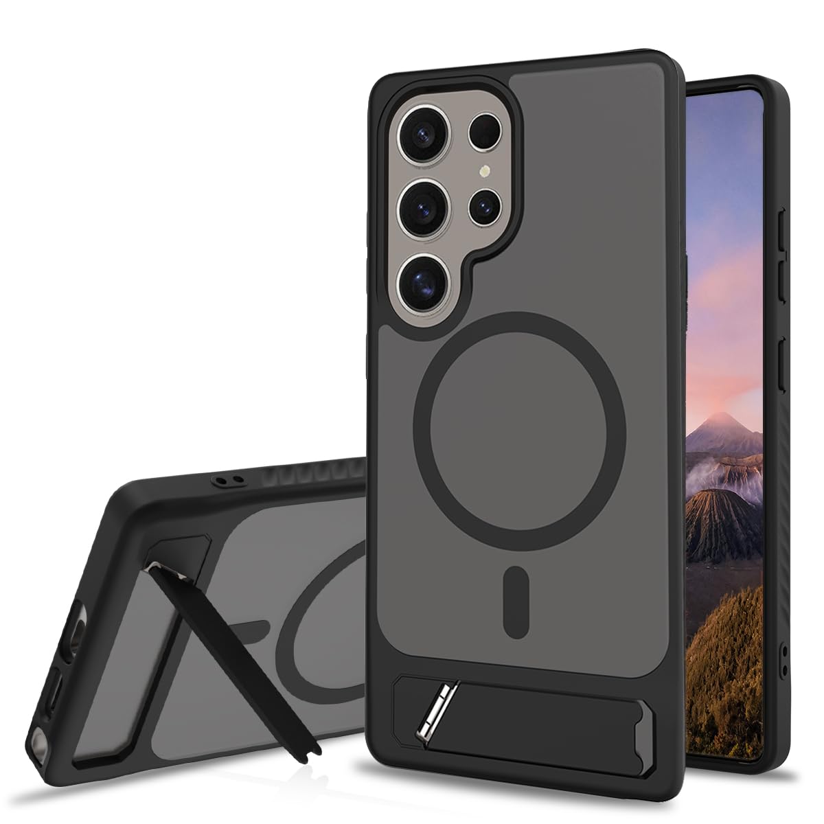 جراب AIQIUQIU المغناطيسي لهاتف Samsung Galaxy S23 Ultra 5G [متوافق مع Mag Safe] [مسند مدمج غير مرئي] حماية من السقوط بدرجة عسكرية، غطاء شفاف غير لامع بمسند قابل للتعديل، أسود