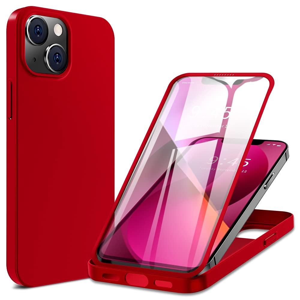 جراب X-level متوافق مع iPhone 13، جراب واقٍ كامل الجسم مدمج به واقي شاشة من الزجاج المقوى 9H بطبقة نهائية غير لامعة وغطاء هاتف مقاس 6.1 بوصة (أحمر غير لامع)