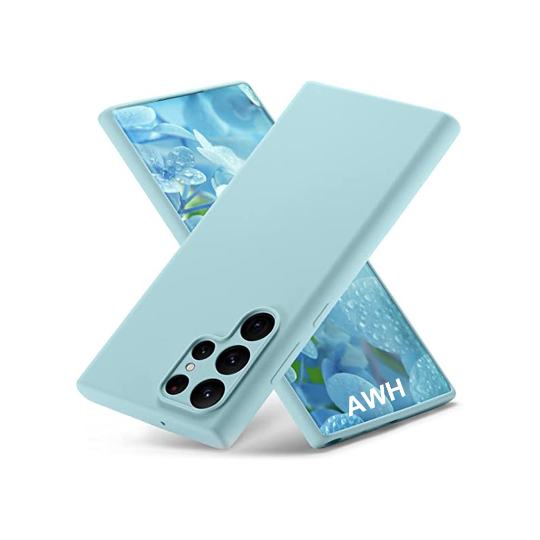جراب AWH لهاتف Galaxy S22 Ultra من السيليكون السائل، جراب Skin Touch S22 Ultra سميك من مطاط السيليكون مع بطانة ناعمة من الألياف الدقيقة، جراب هاتف رفيع لحماية كاملة للكاميرا لهاتف Samsung S22 Ultra (أزرق سماوي)