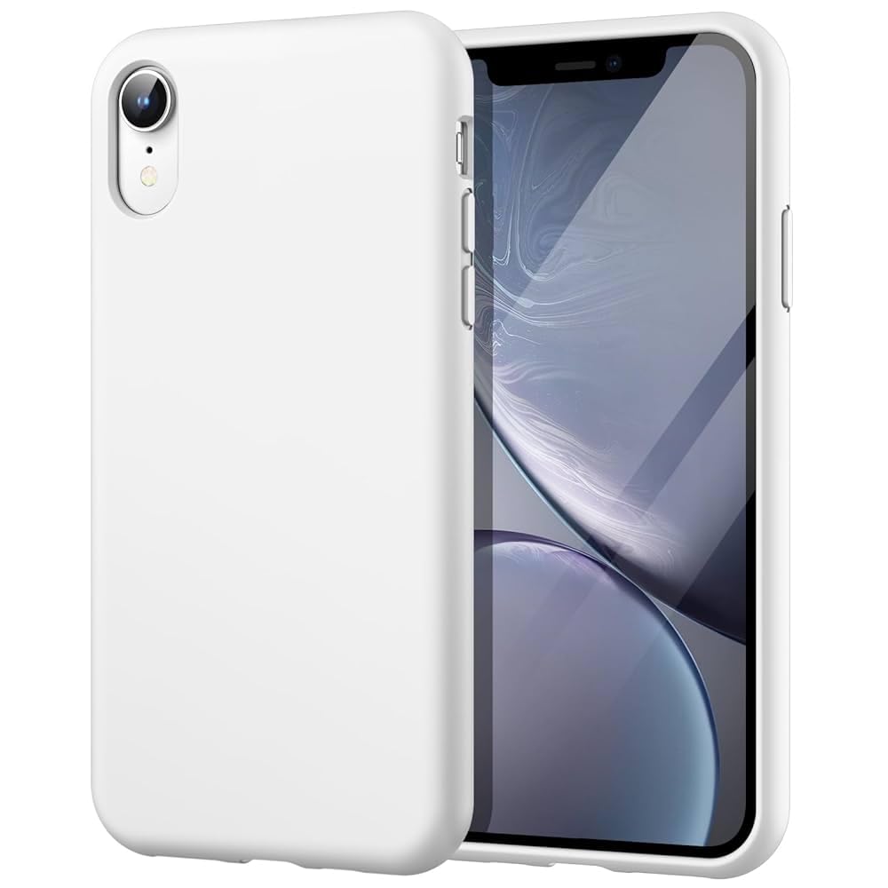 غطاء سيليكون سائل من BURAQ لهاتف iPhone XR، جراب هاتف واقٍ كامل الجسم ناعم الملمس كالحرير، غطاء مقاوم للصدمات مع بطانة من الألياف الدقيقة لهاتف iPhone XR - أبيض