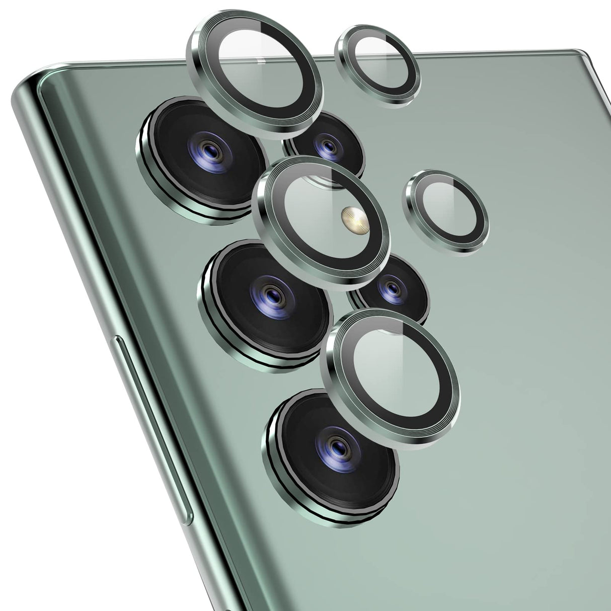 YWXTW [3 + 2 قطعة] واقي عدسة الكاميرا لهاتف Samsung Galaxy S22 Ultra، زجاج مقسّى من سبائك الألومنيوم، [إطار التثبيت] مع واقي شاشة الكاميرا لهاتف S22 Ultra 5G (أخضر)