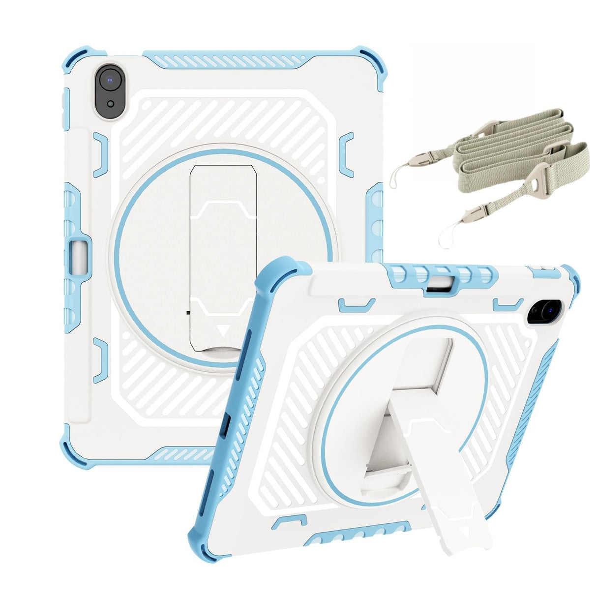 جراب Arsey لجهاز iPad (A16) مقاس 11 بوصة من الجيل 2025/جراب 10.9 بوصة من الجيل 2022 للأطفال والبالغين، مع حزام كتف دوار 360 درجة، وغطاء مقاوم للصدمات من البولي كربونات والبولي يوريثين الحراري، من النوع B Mecha، أزرق سماوي