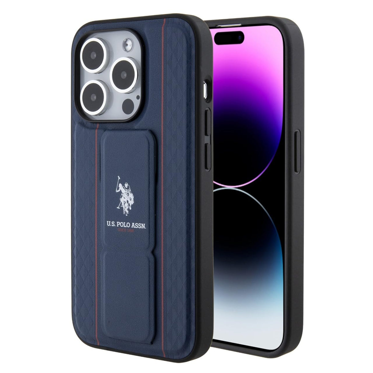 جراب CG MOBILE US Polo الجلدي المزخرف بمقبض ومقبض لهاتف iPhone 15 Pro (أزرق داكن)