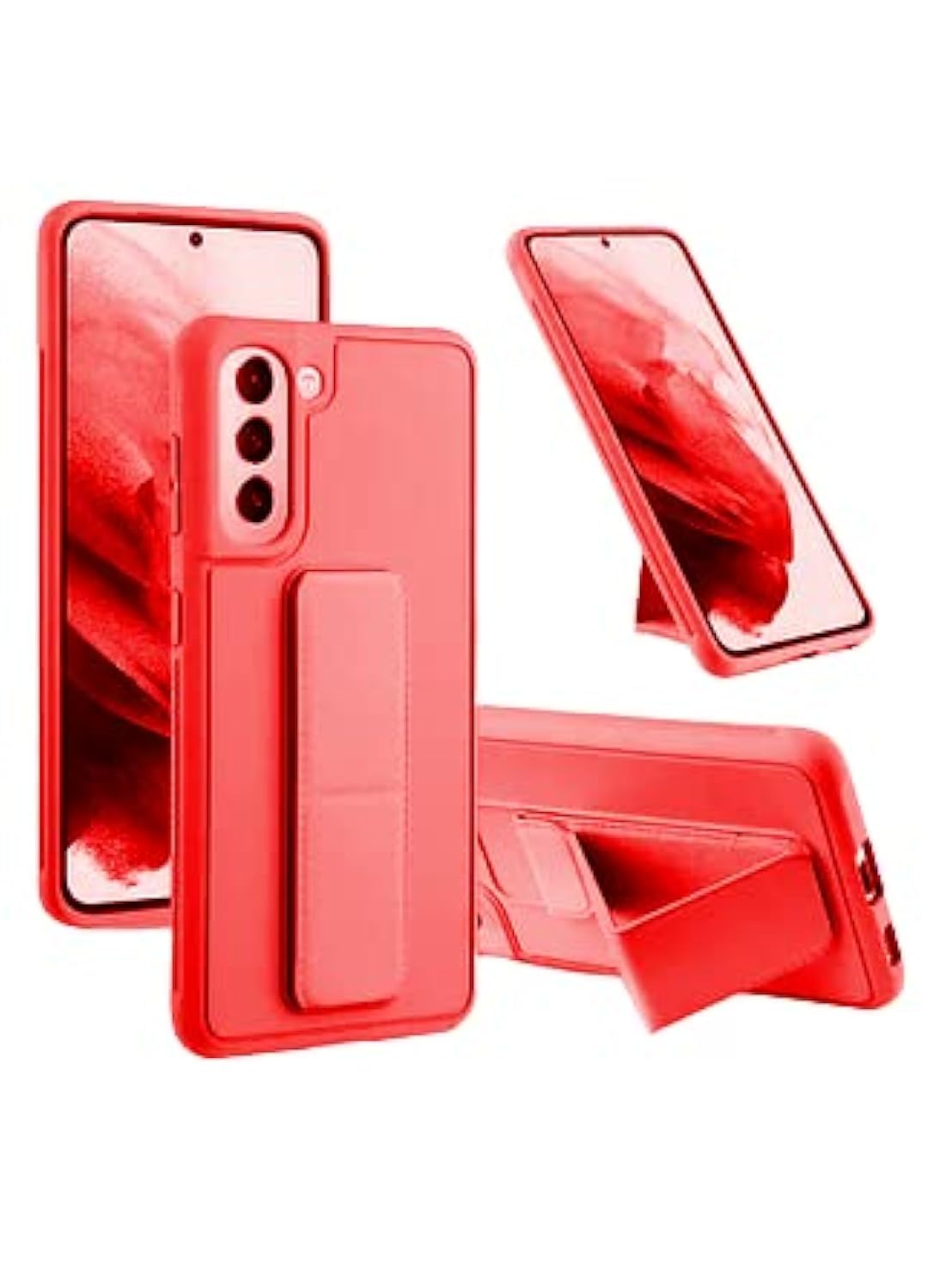 Topr for Samsung Galaxy S21 FE with Magnetic Stand & Holder, Premium Silicone Vertical & Horizontal Hand Strap Grip Multi Stand, Car Mount Kickstand Case Finger Strap Cover (Red)