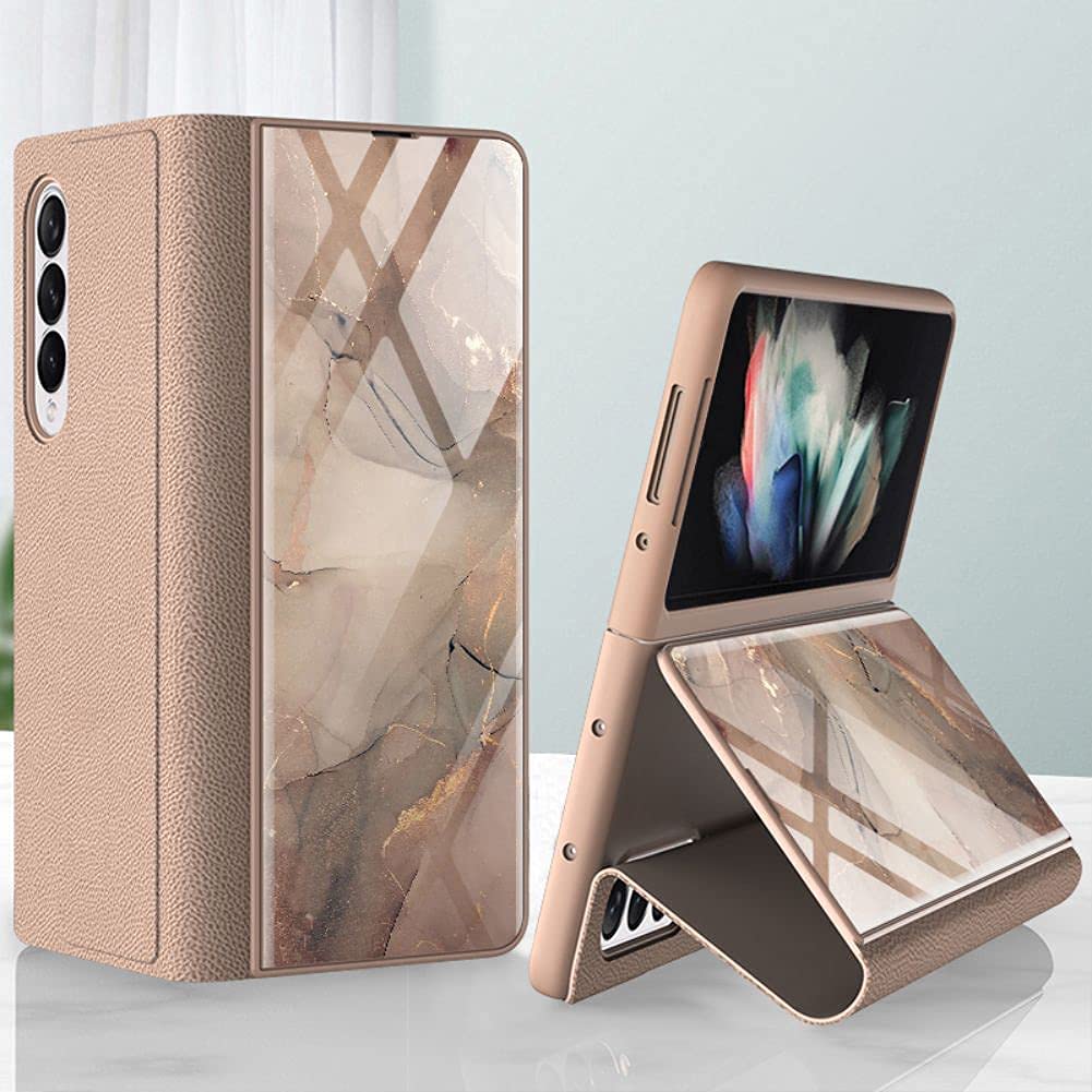جراب AWH جلدي لهاتف Galaxy Z Fold 3 5G، [جلد + زجاج مقوى 9H] غطاء حماية خلفي للشاشة الخارجية مع مسند جراب هاتف متوافق مع Samsung Galaxy Z Fold 3 5G، ذهبي.
