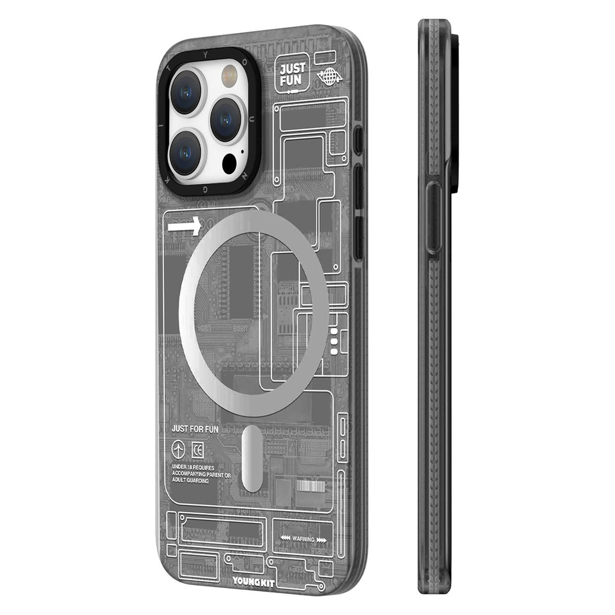 غطاء حماية YOUNGKIT Technology Circuit متوافق مع Magsafe مصمم لهاتف iPhone 15 PRO (2023) حماية كاملة، مقاوم للصدمات العسكرية، ممتص صدمات ناعم - رمادي