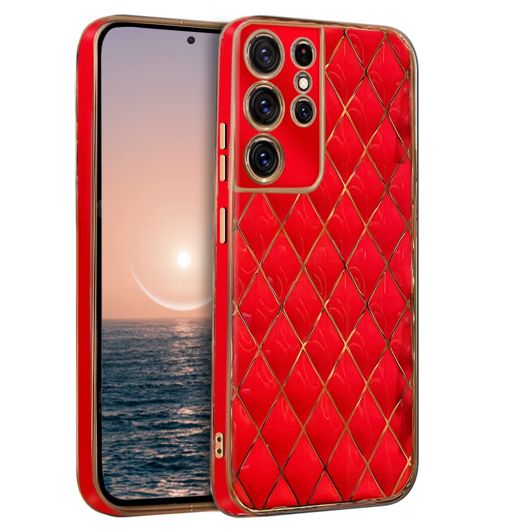 XLHLKP Case for Samsung Galaxy S21 Ultra Case, Samsung S21 Ultra Case 5G,Leather Quality with Full Metal Lens Back Design Back Slim Case for Samsung S21 Ultra in 6.8 inch (Red TPU)