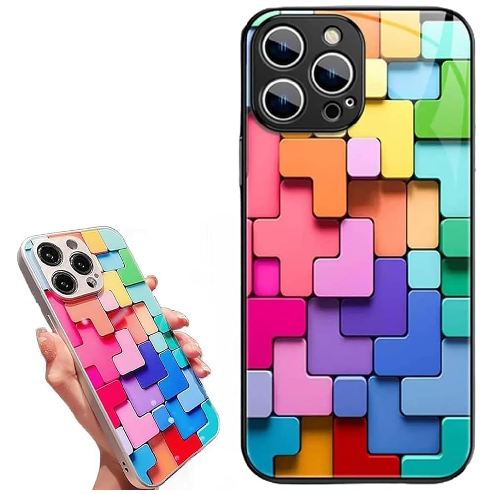 جراب AMERTEER لهاتف iPhone 15 Pro Max - جراب هاتف زجاجي ملون بنمط مربع ثلاثي الأبعاد، غطاء واقٍ أنيق ومتين، تصميم خفيف الوزن، مضاد للخدش ومقاوم للصدمات للاستخدام اليومي