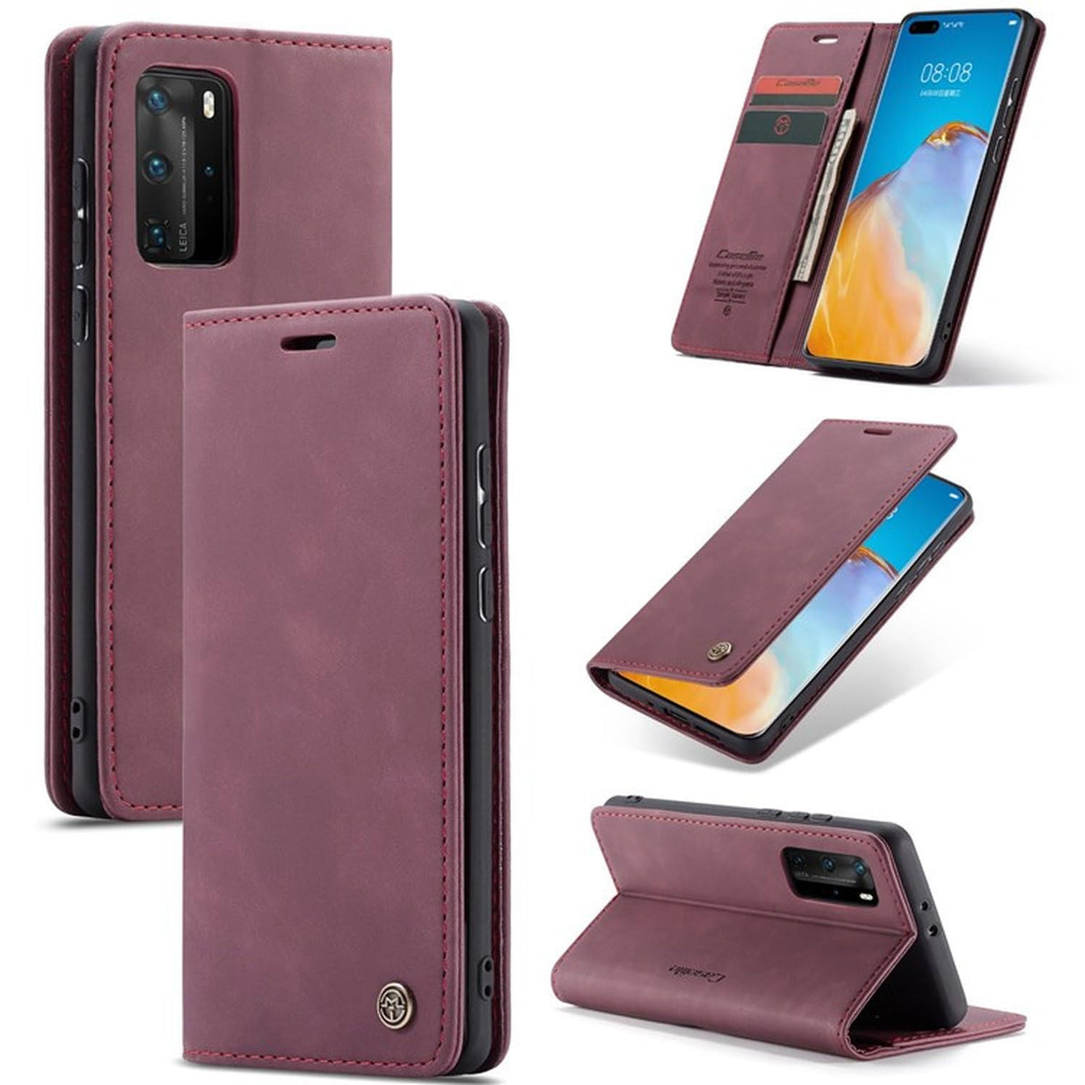 UniqCase لهاتف Huawei P40 Pro غطاء محفظة من جلد البولي يوريثان قابل للطي - أحمر