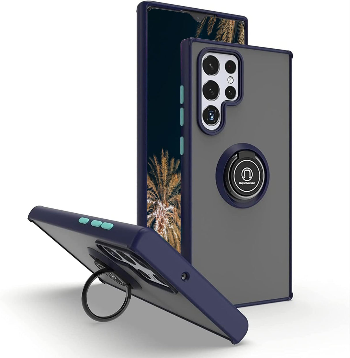 جراب TR-PLANET بحلقة معدنية دوارة لهاتف Samsung Galaxy S25 Ultra - غطاء ممتص للصدمات غير لامع مع مسند، جراب خلفي صلب متوافق مع حامل السيارة المغناطيسي لهاتف Samsung Galaxy S25 Ultra، أزرق/رمادي