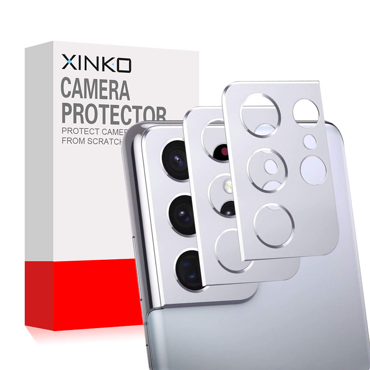 واقي عدسة الكاميرا XINKOE لهاتف Samsung Galaxy S21 Ultra 5G، [عبوة من قطعتين] غطاء حلقي، مادة معدنية عالية الجودة [مضاد للسقوط] [مقاوم للتآكل] حماية 360 درجة - فضي