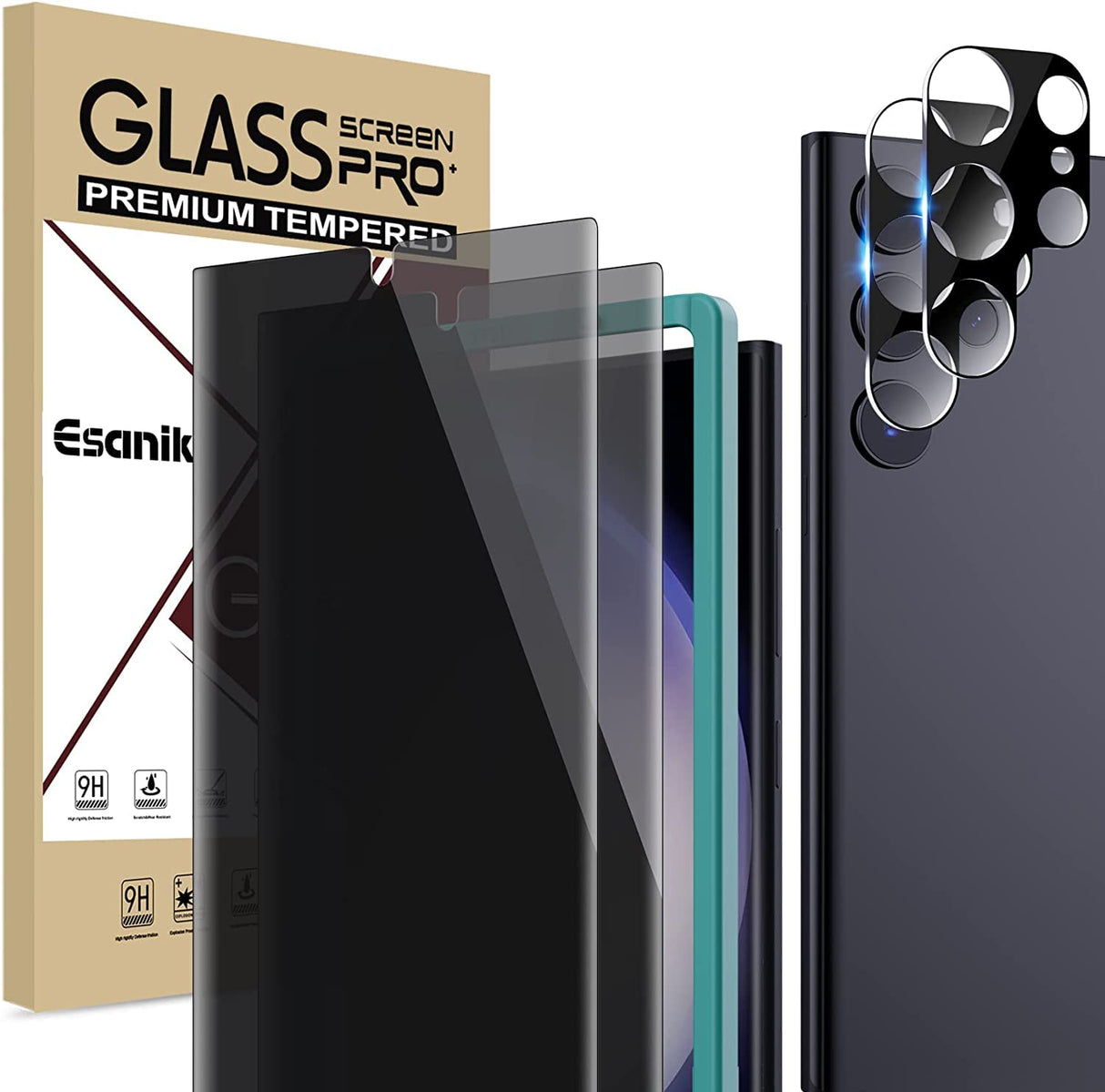 واقي شاشة AWH 2+2 عبوة من واقي شاشة الخصوصية لهاتف Samsung Galaxy S23 Ultra مقاس 6.8 بوصة مضاد للتجسس مصنوع من مادة PET مع إطار سهل التركيب + واقي عدسة الكاميرا متوافق مع معرف بصمة الإصبع (S23 Ultra)