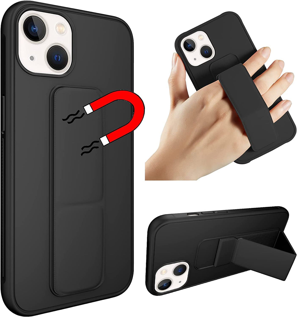 Zubitech Case for Iphone 14 Back Stand Case Magnetic Car Holder Soft Silicone Kickstand Cover Wrist Strap Full protection Anti Fingerprint Case for iPhone 14 (iPhone 14, Black)